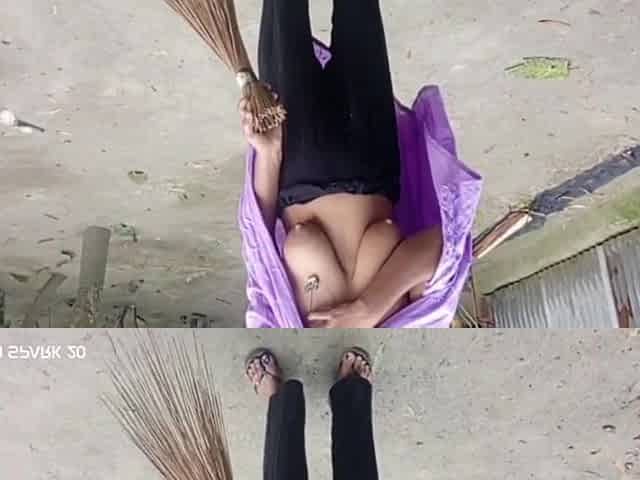 Girl Sweeping the Yard Naked in the Rain - Outdoor Scene