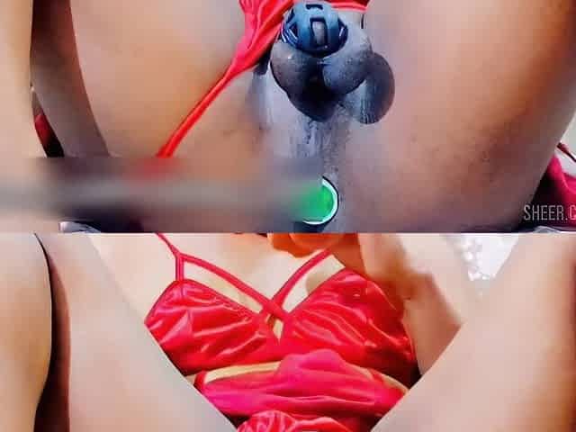 Caged ebony sissy getting her backdoor banged by white vibrator