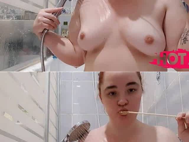 Chubby Teen Girl Showering Suck Candy and Fingering Her Fat Pussy
