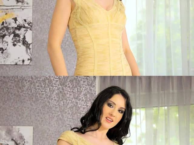 Tall pinup Meri Kris making out with her huge dildo by