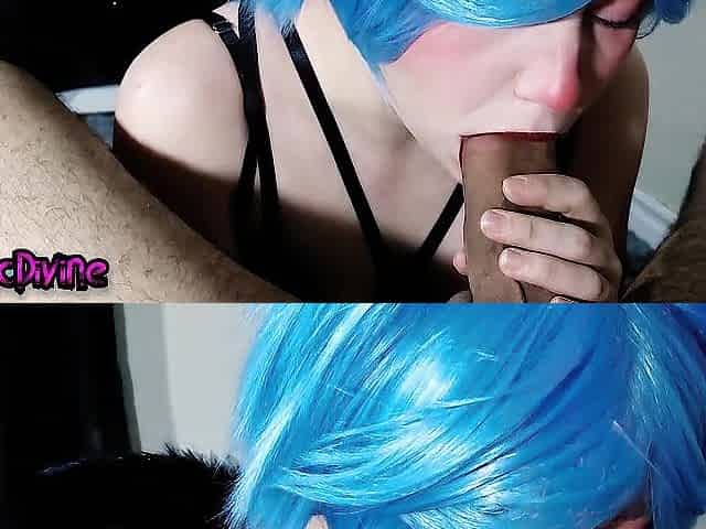 Blue Hair Ahegao Bitch Sucks a Large Shlong