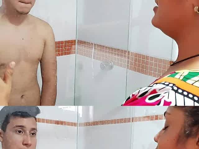 My stepmom interrupts my shower to suck my schlong