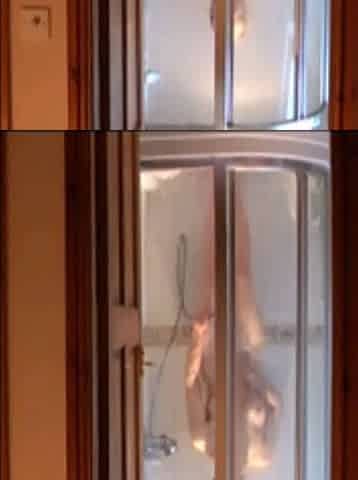 Busty blonde MILF masturbates to a loud shaking orgasm with her showerhead