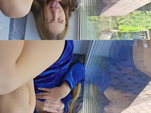 Public masturbation and creampie by the window!