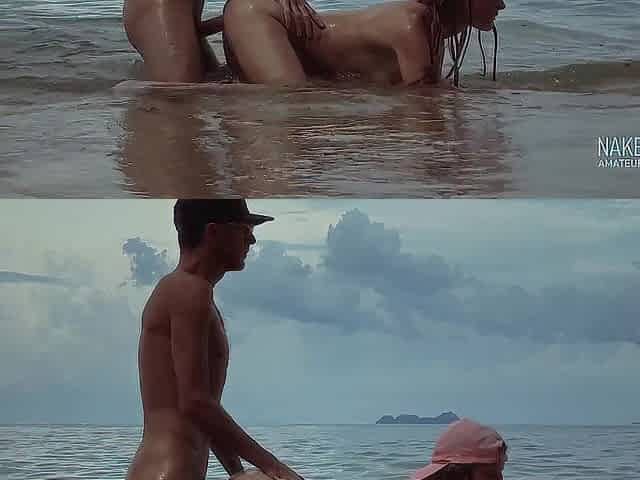 Sexy & risky sex in the sea waves on the beach