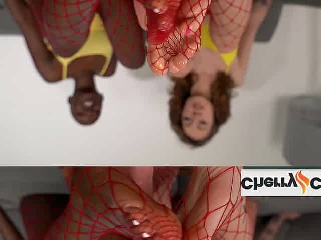 Lovable lesbian babes playing with their feet at Cherry Candle