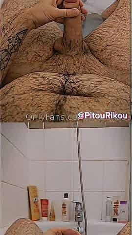 I stroke in the bathtub and cum on my bear stomach