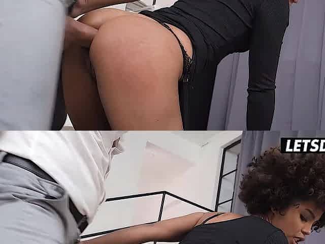 Slender Black in Nylons Rides Knob Cowgirl Then Gets Banged Hard Doggy