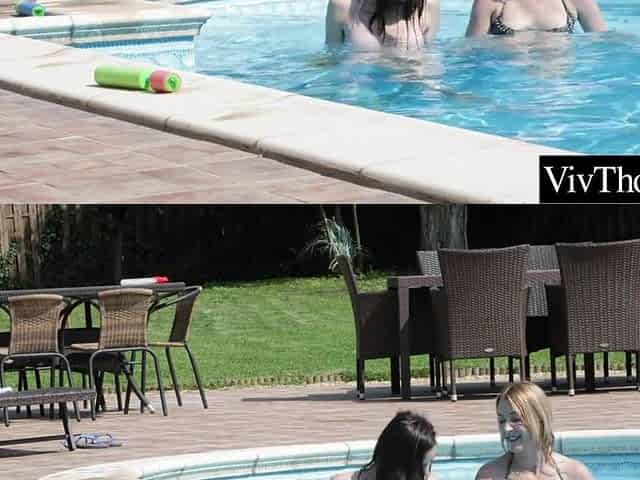 Pool side lovers have a fun every others soaked bodies