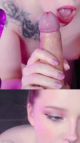 Triple Blowjob and Cum Shower - Massive Cumshot, Big Dildo and Deepthroat