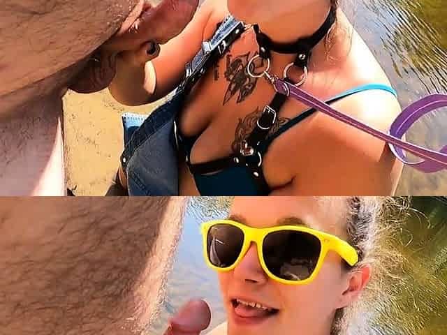 Big-Titted Brunette Gives Public Blowjob by the River!