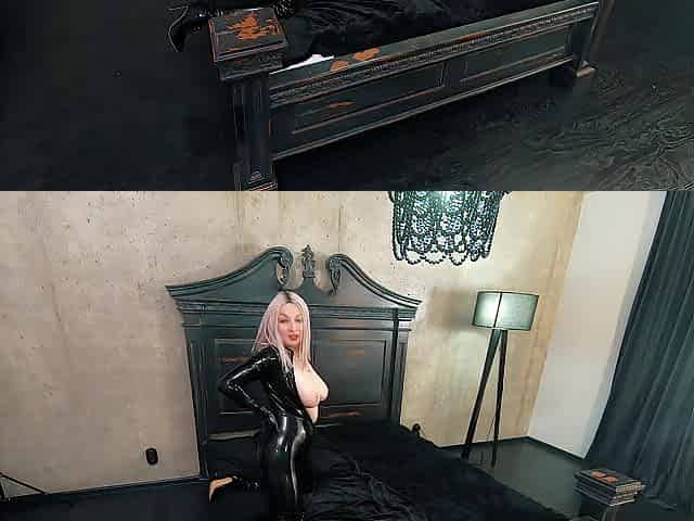 Rubber Ebony Latex Catsuit Backstage Movie scene, Haunch High Boots and Shiny Fetish Clothing