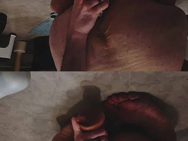Dildoing from behind and self sucks n cum