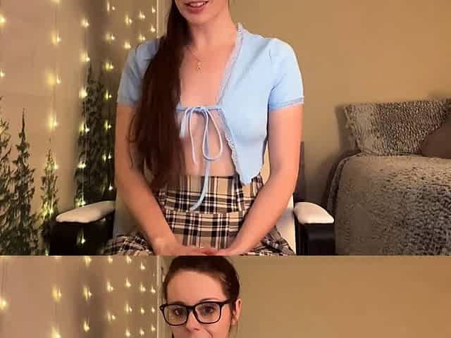 Cute horny student in glasses confronts you about why
