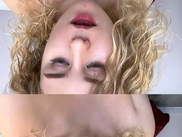 Curly Blonde Masturbates in Red Gloves