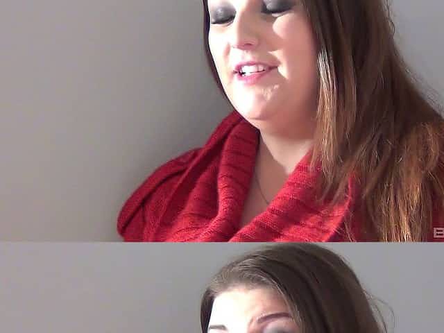 Cute fat girl in a red sweater blows the nerdy guy in a trucker hat