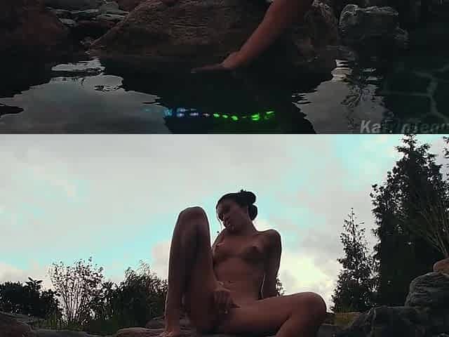 Raunchy teenager wet fingers snatch outside in swimming pool