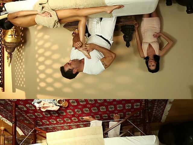 Hot step mom and daughter takes turns on masseur's hard cock