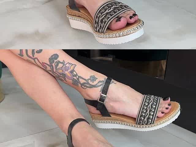 Sandals and Black Toenails Polish on Long Toes