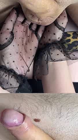 MILF in Short Skirt Masturbates with Nylon Gloves