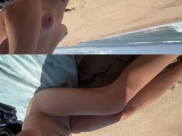1ST TIME AT A NUDIST BEACH, SMOKIN' A CIGARETTE AND MASTURBATING HER CUNT