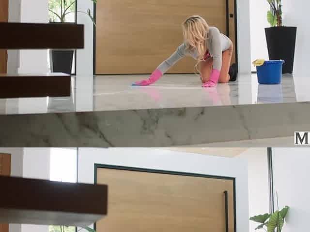 Blonde milf fucking on her stepson's dick really hard in the kitchen