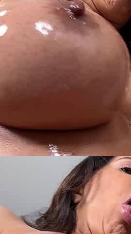 POV Oiled up MILF Drools All Over Big Tits Giving Sloppy Blowjob