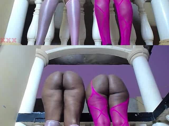 2 large butt black strumpets doing a wild balcony sex show at night