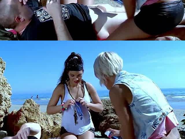 Anal three-some with Stella Johanssen and Nicky Wayne on a public beach