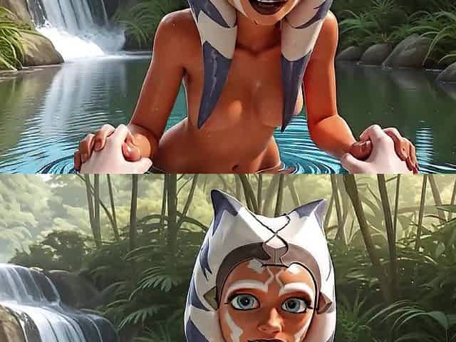 Ahsoka Tano got caught bathing and was banged in the lake.