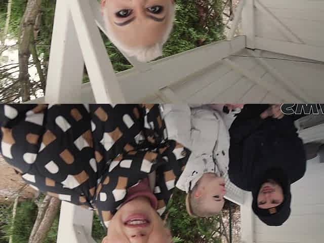 Three sexy blondies share a big cock in an intense threesome scene.