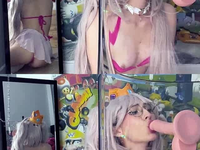 Peach sucks and gags on big dick
