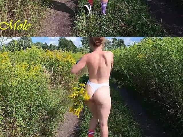 Outdoor Erotica - a Girl with a Beautiful Figure Walks in Nature in Panties, Sneakers and Socks
