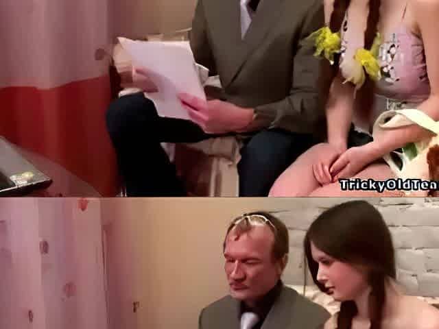 Little angel with large breasts rides her old professor