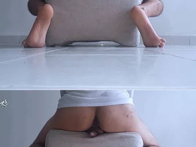 Masturbating my rich penis with the chair whilst showing the soles of my feet