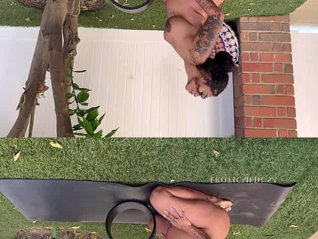 Preggy Medusa does nude yoga outside