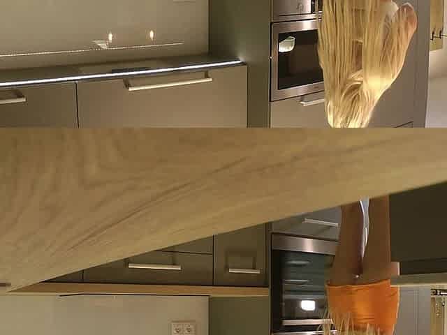 Hot Sexy Long Legs Beauty Cute Blonde College Girl in a Very Short Skirt to Flash Her Ass and Pussy in the Kitchen