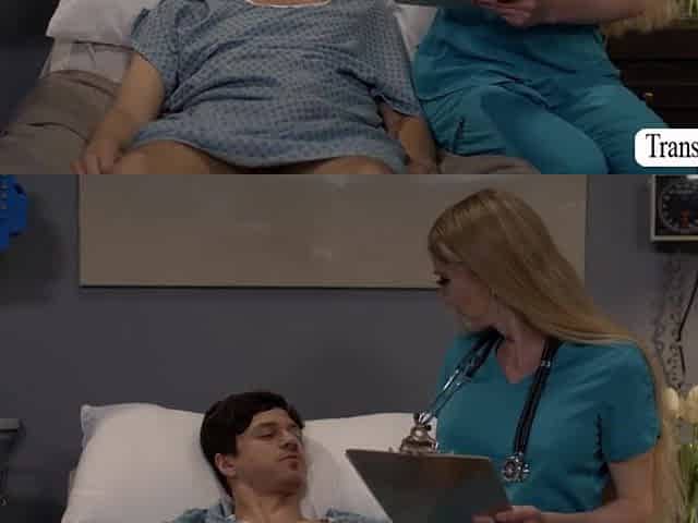 TS nurse checks her weak patient in his room if hes ok.After that,this babe begins giving him a oral job