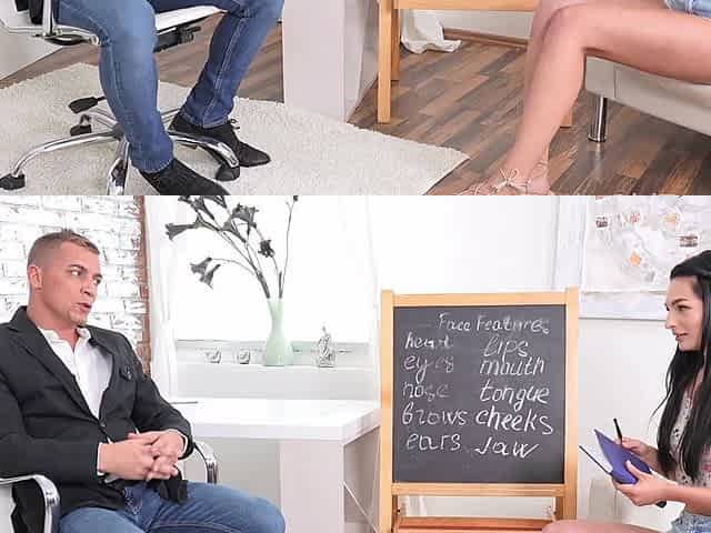 Brunette Leanne teases her teen teacher in sexy plaid shorts