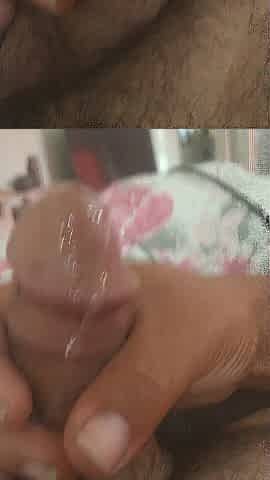 Masturbating with pre cum and stroking creamy knob until I cum on myself