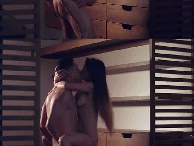 Small titted brunette teen fingering on the bed