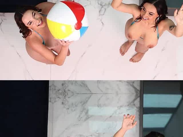 Two lesbian beauties, Hailey Rose and Rissa May, have fun in bikinis on the coast.