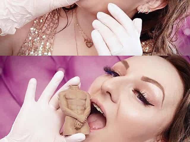 ASMR eating food fetish movie - beauty with braces eating chocolate guy - giantess vore (Arya Grander)