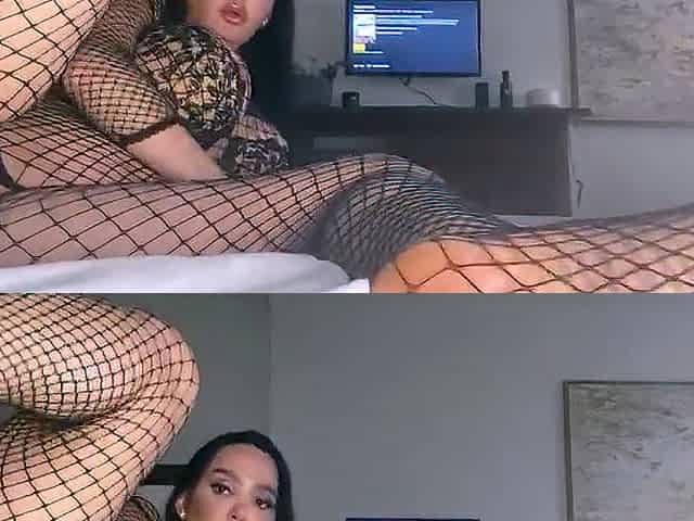 Busty curly brunette with big boobs fucks on couch