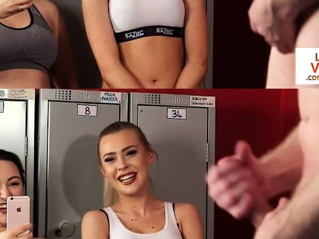 Voyeur gym duo film JOI in fitness lockerroom