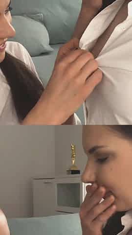 Couple of cute brunette students celebrate successful examination