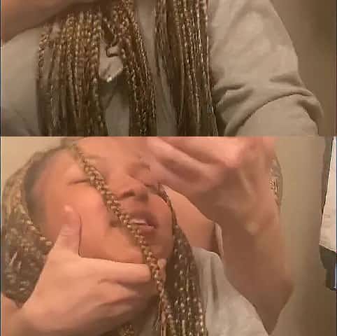 Blasian bent over baths sink whilst roommates in other room