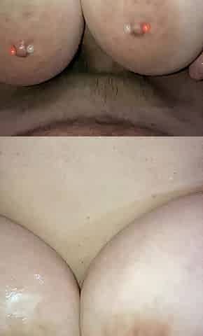 Giant oiled tit bang with spunk fountain