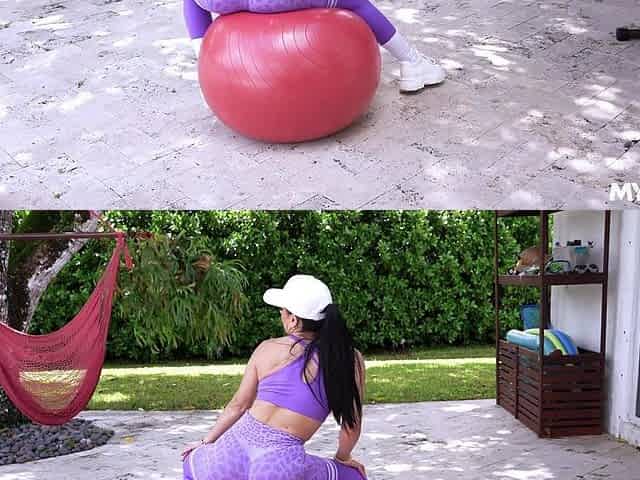 This horny milf gets horny after her outdoor yoga session and seduces her instructor, promising him a wild pounding