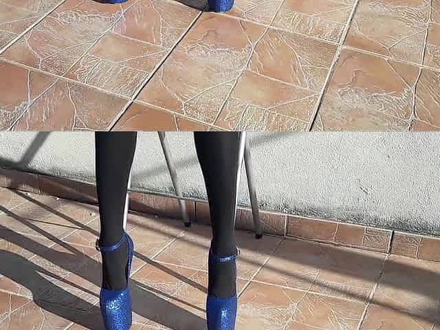 Denim shorts, ebony tights and glamorous 8 inch heels